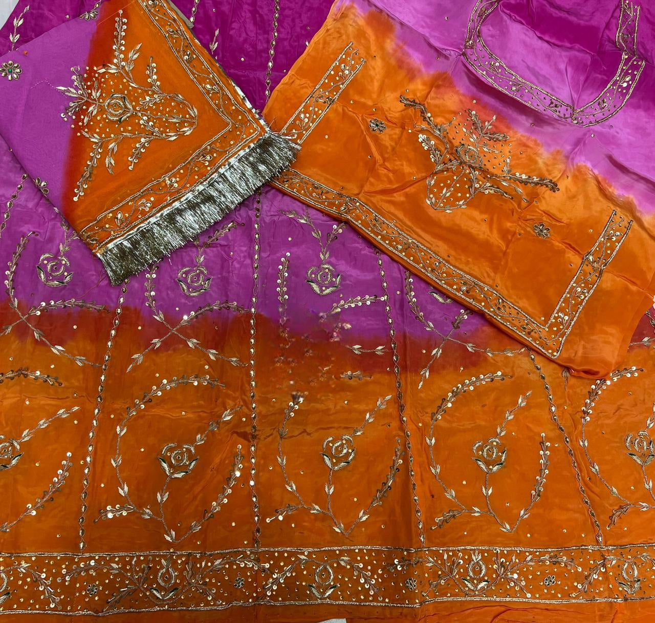 Designer 3-Shade Rajasthani Poshak in Natural Fabric – Zardozi, Dabka & Full Hand Aari Work