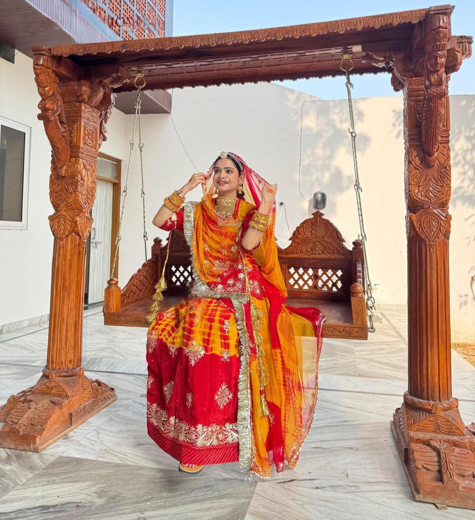 Royal Rajwadi Rajasthani Poshak – Partywear in Natural Crepe with Handwork & Odhna