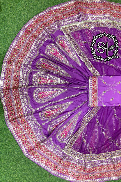 Designer 4 MTR Gher Crepe Silk Rajputi Poshak with Pure Humrahi Odhni & Vintage Zari Velvet Patch Work