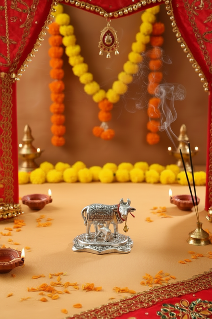 Auspicious German silver Kamdhenu Cow & Calf – Divine Gifting Idol  pack of 10