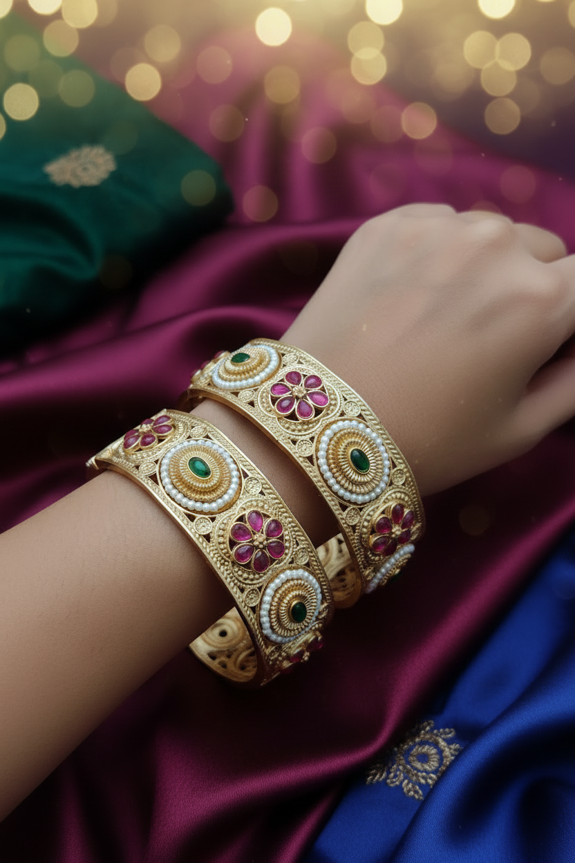 Rajwari Jadau Style Patla Bangle – Heritage Gold Plated Kada pair