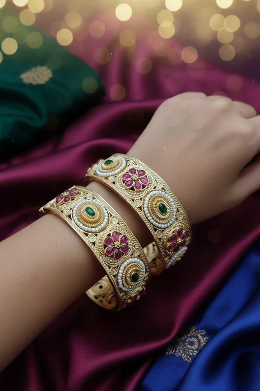 Rajwari Jadau Style Patla Bangle – Heritage Gold Plated Kada pair