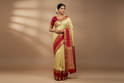 Off-White & Red Golden Work Kanchipuram Pure Silk Saree – Silk Mark Certified