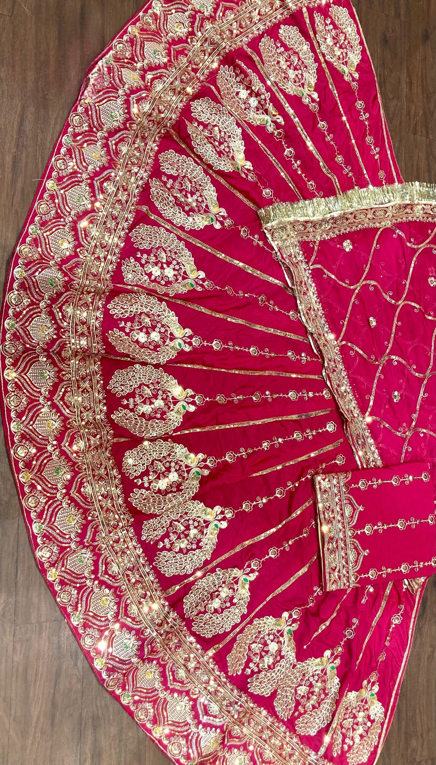 Designer 3.5 Mtr Gher Rajasthani Poshak in Crepe Silk | Heavy Zari, Kasab & Sequence Work | Unstitched Lehenga Kurti Odhani Set