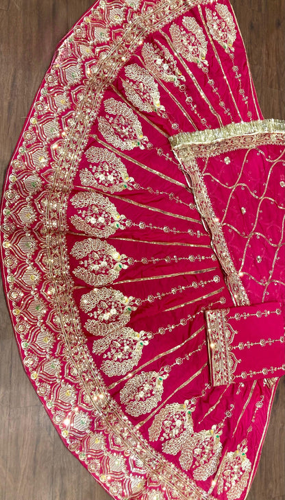 Designer 3.5 Mtr Gher Rajasthani Poshak in Crepe Silk | Heavy Zari, Kasab & Sequence Work | Unstitched Lehenga Kurti Odhani Set
