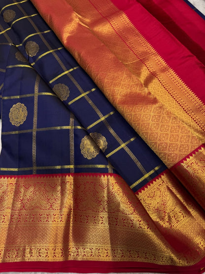 Blue Red Checks Pure Kanjivaram Silk Saree | Handwoven Silk Mark Certified