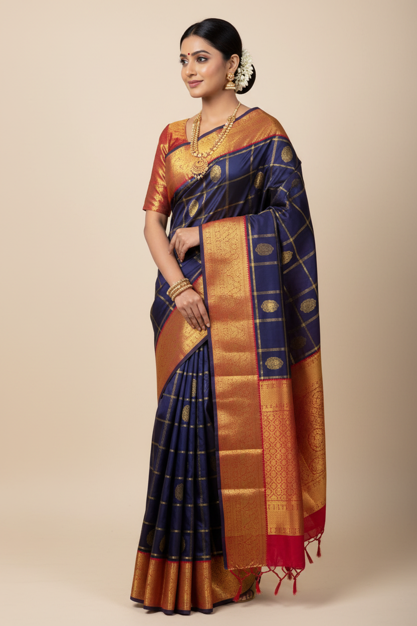 Blue Red Checks Pure Kanjivaram Silk Saree | Handwoven Silk Mark Certified