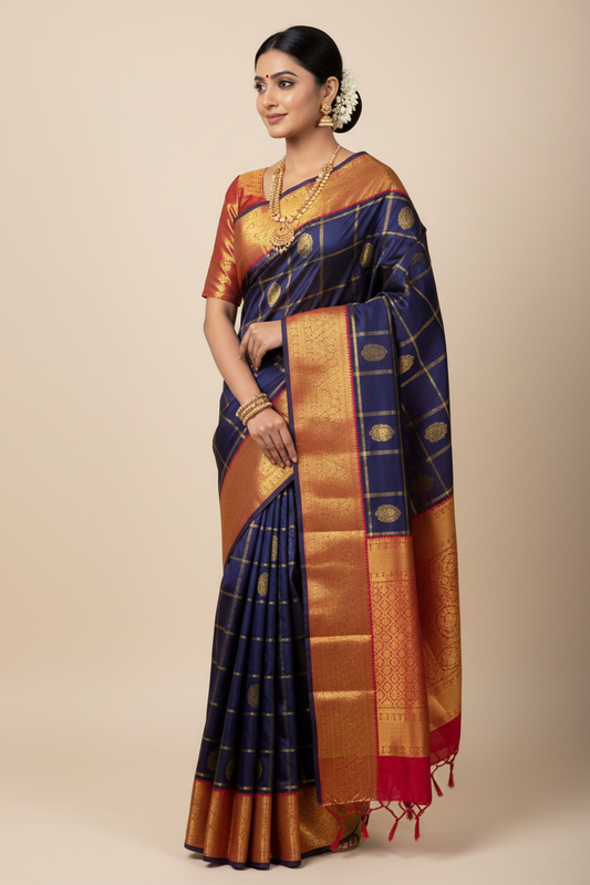 Blue Red Checks Pure Kanjivaram Silk Saree | Handwoven Silk Mark Certified