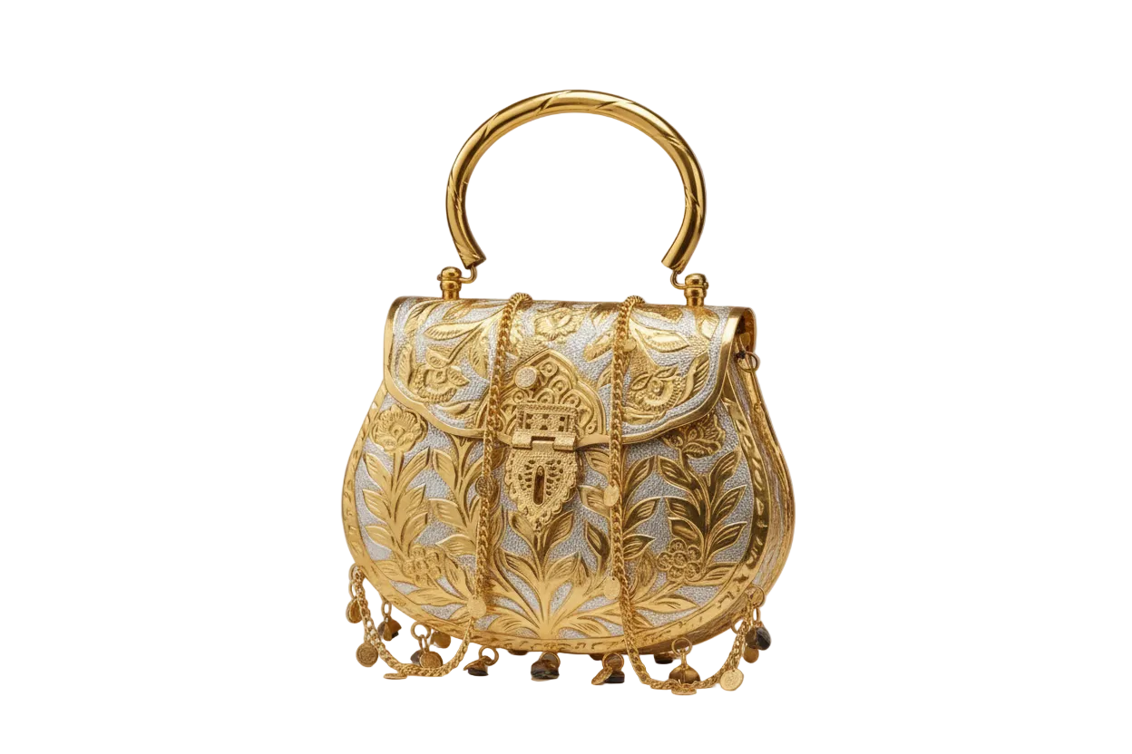 Dual-Tone Heritage Brass Clutch with Hanging Charms | Antique Silver & Gold Ethnic Handbag