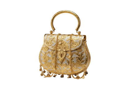 Dual-Tone Heritage Brass Clutch with Hanging Charms | Antique Silver & Gold Ethnic Handbag