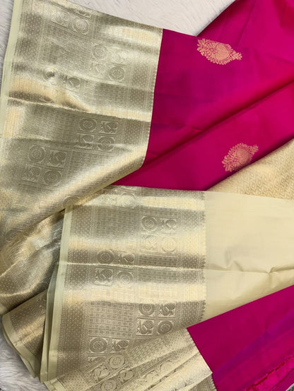 Rani pink Kanchipuram pure silk saree with Big contrast Border silk mark certified