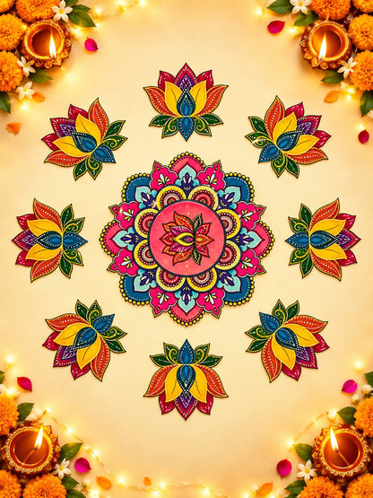 Decorative 3D Lotus Designer MDF Rangoli | Reusable Festive Rangoli Set  Size 14*inch