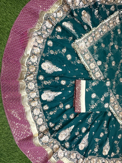 Designer 4.5 MTR Gher Rajwadi Lehenga Poshak – Velvet Border & Vintage Zari Work