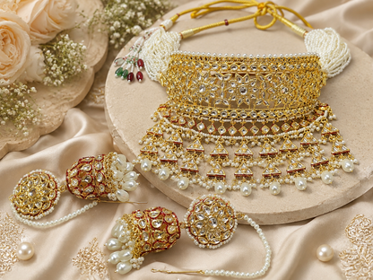 Heavy Kundan Choker Necklace Set with Pearl Jhumka Earrings – Rajwadi Bridal Jewelry