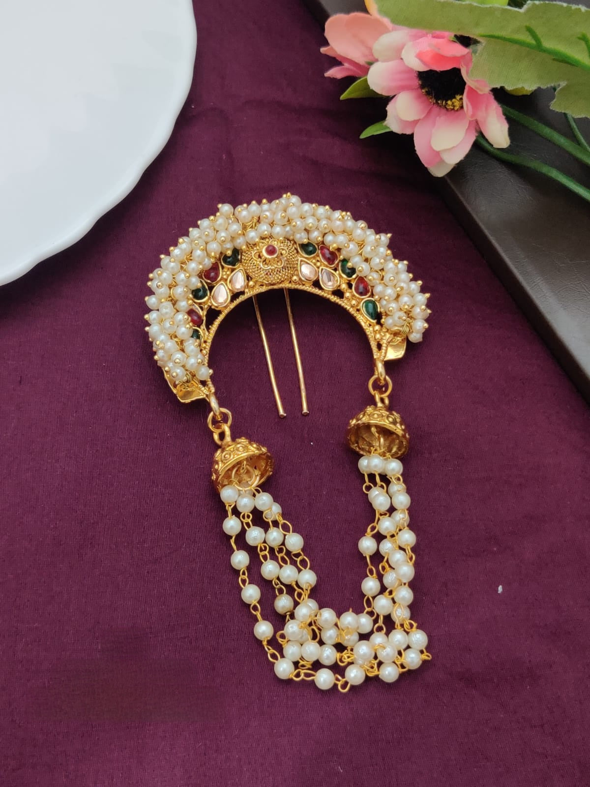Pearl & Stone Juda Brooch / Hair Gajra – Heritage Bridal Hair Accessory for Wedding & Festive Hairstyles