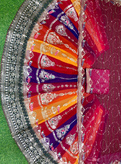 Rajsi Rang Leheriya Rajputi Poshak | 4 MTR Gher Designer Lehanga with Royal Odhani