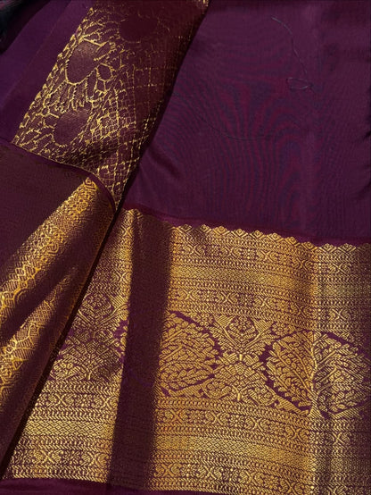 Gorgeous Blue & Wine Kanjivaram Pure Silk Saree with Peacock & Butta Work – Silk Mark Certified