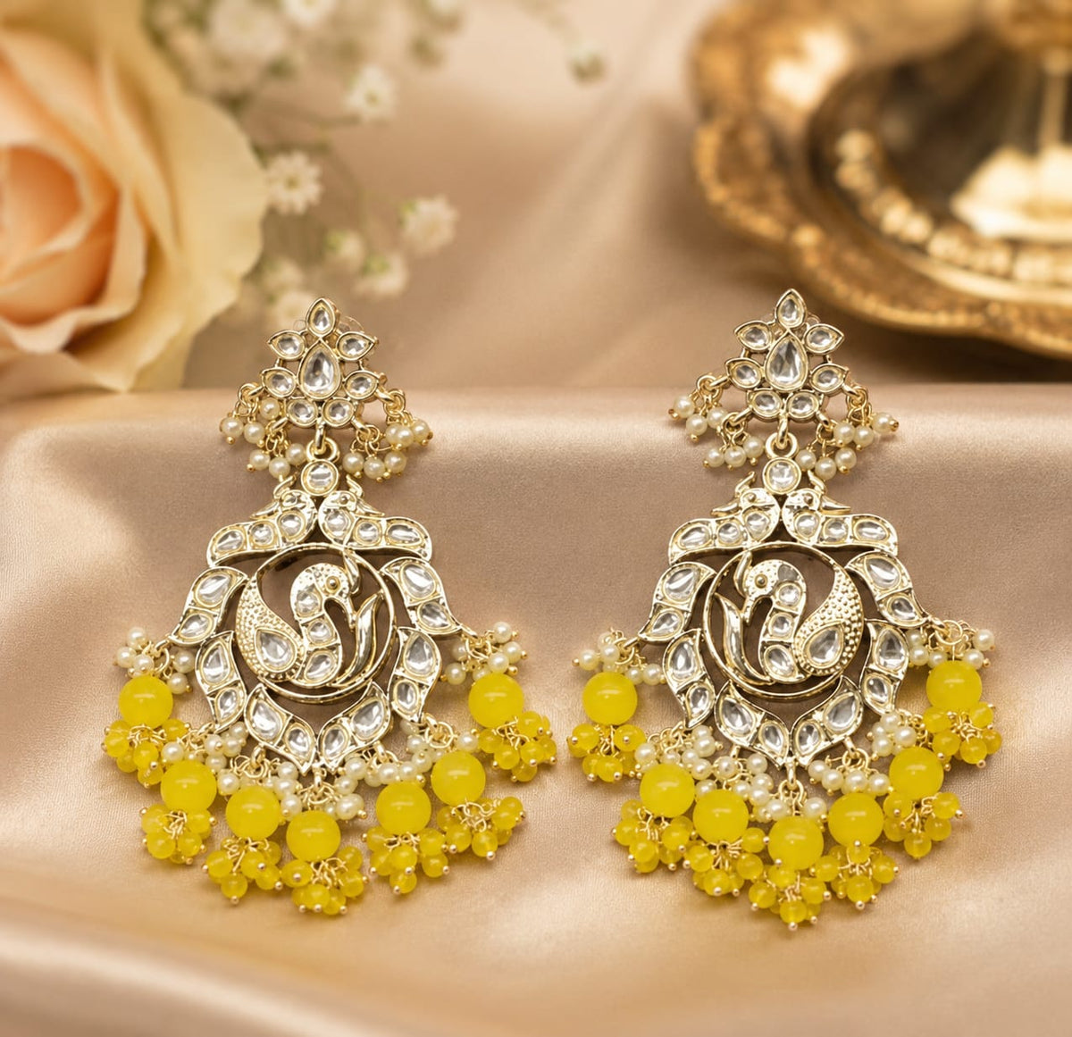 Yellow Bead Kundan Chandbali Earrings – Haldi Festive Statement Ethnic Jewelry