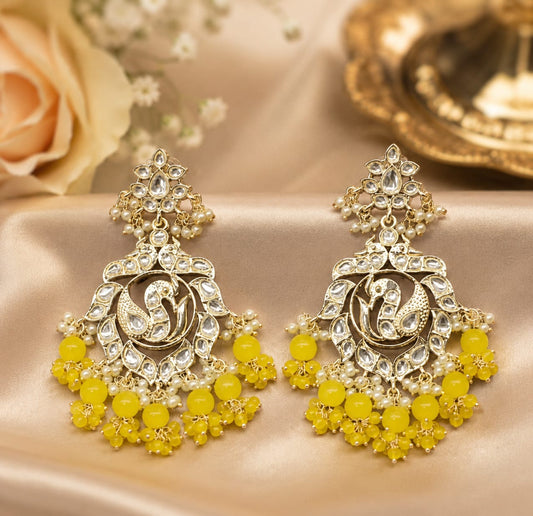 Yellow Bead Kundan Chandbali Earrings – Haldi Festive Statement Ethnic Jewelry