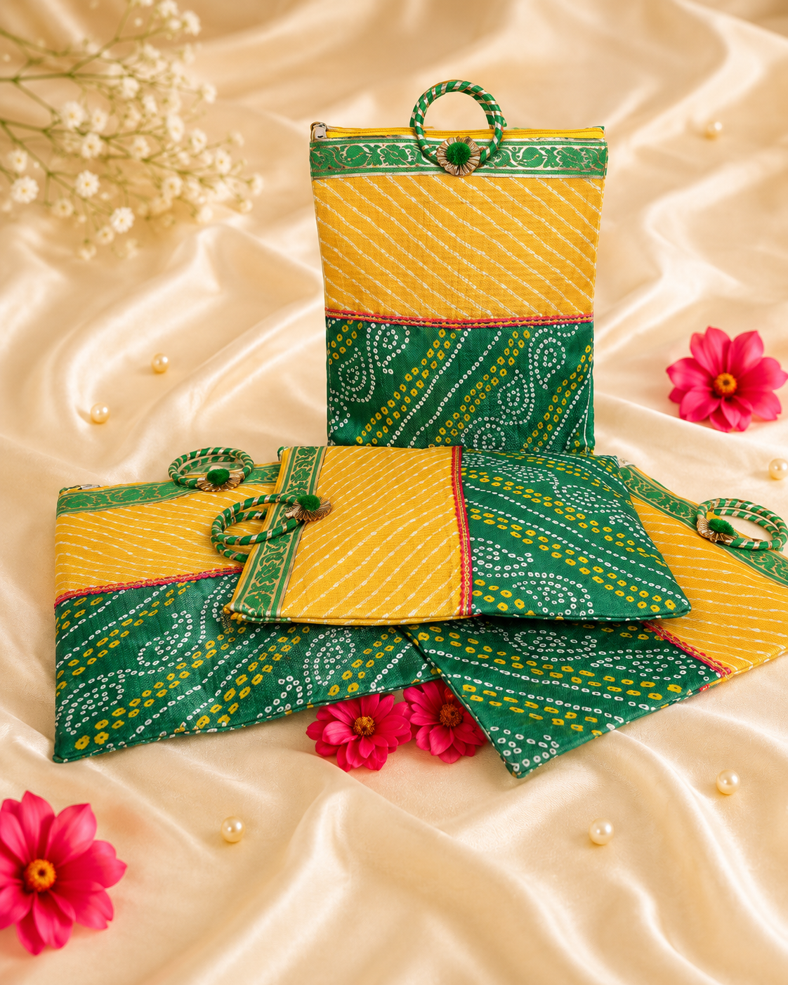 Jaipuri Bandhej Bag for Pooja/ mangal path/Haldi kumkum return Gifting bag (Pack of 1 Bag)  size H 32 * cm B 25* cm