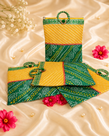 Jaipuri Bandhej Bag for Pooja/ mangal path/Haldi kumkum return Gifting bag (Pack of 1 Bag)  size H 32 * cm B 25* cm