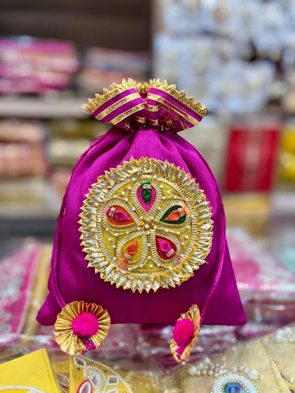 Dupion Silk Handcrafted Sagun Potli Bags – Beautiful Handwork Gift Pouches (Pack of 6, Size 7x9 Inch)