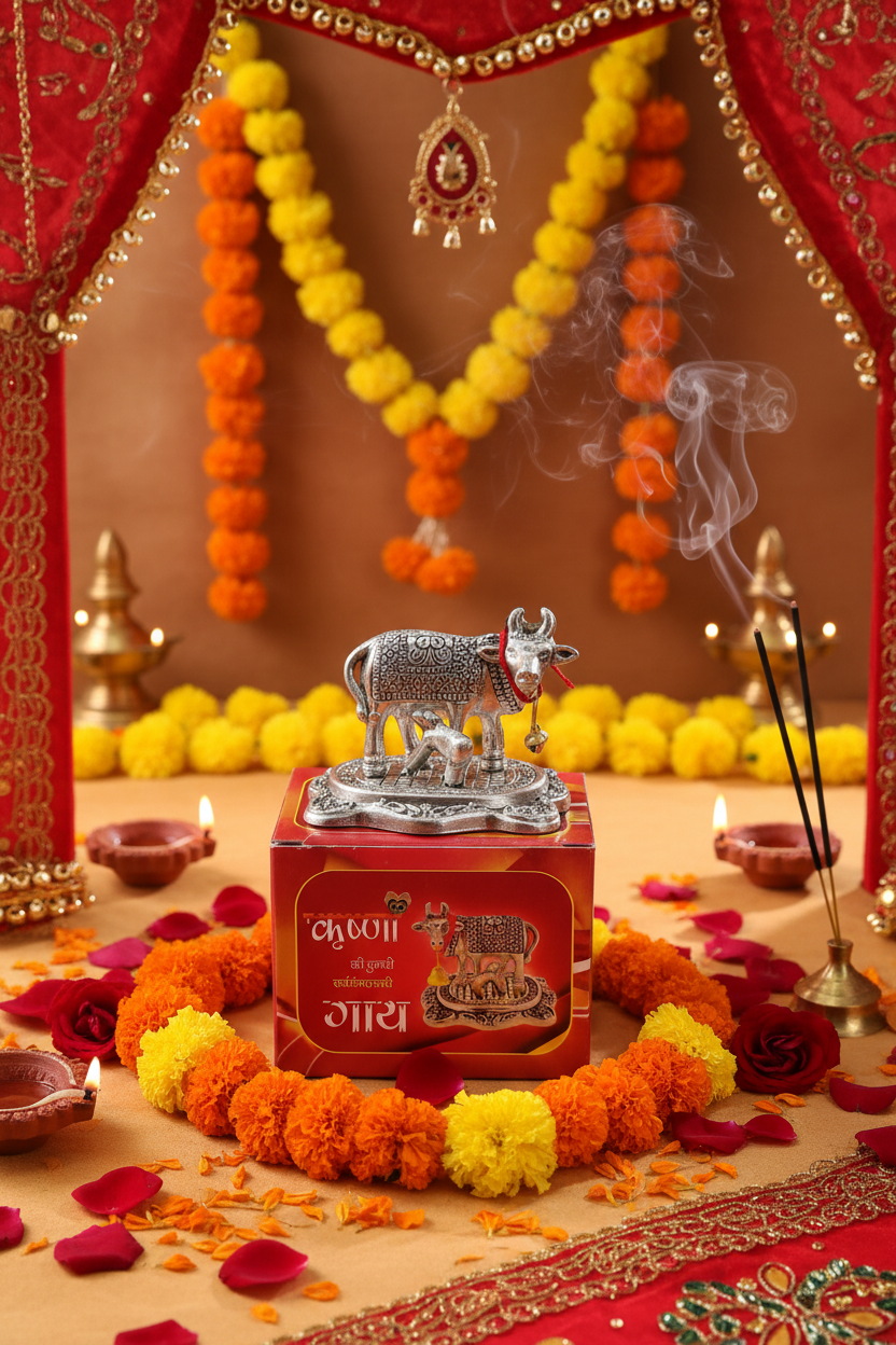 Auspicious German silver Kamdhenu Cow & Calf – Divine Gifting Idol  pack of 10