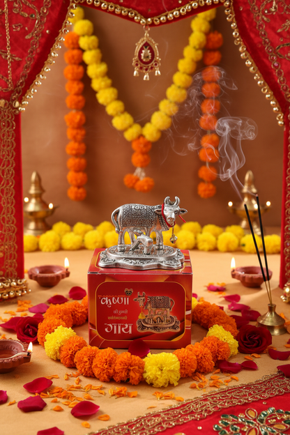 Auspicious German silver Kamdhenu Cow & Calf – Divine Gifting Idol  pack of 10