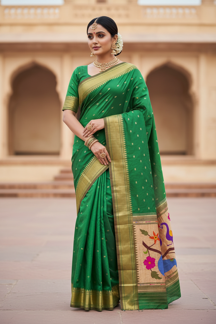 Yeola Fancy Paithani Silk Saree – Pure Handloom Silk, Shoulder Butti, Silk Mark Certified