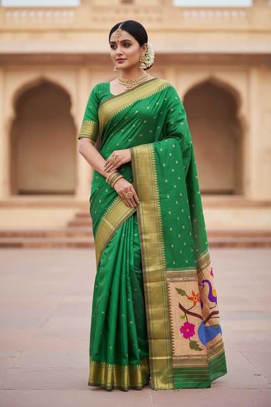 Yeola Fancy Paithani Silk Saree – Pure Handloom Silk, Shoulder Butti, Silk Mark Certified