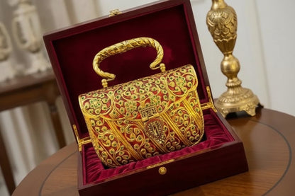 Luxury Handcrafted Meenakari Brass Clutch Bag | Gold Antique Ethnic Handbag with Sling