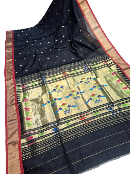 Handloom Cotton Paithani Saree – Lightweight Traditional Saree with Shoulder Butta & Pallu