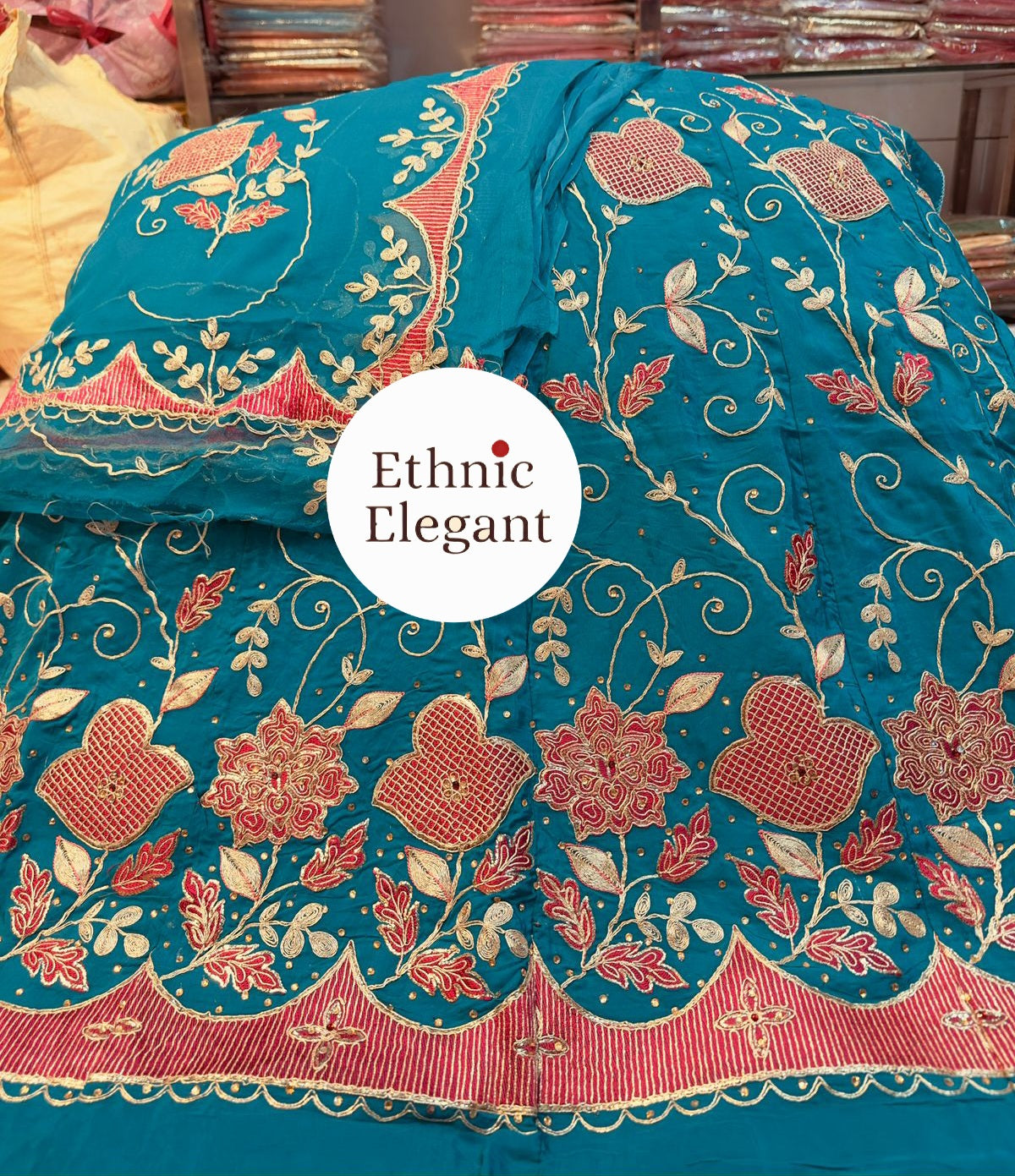 Natural Silk Rajputi Poshak with Pure Odhna | Heavy Patch Work Handcrafted Outfit