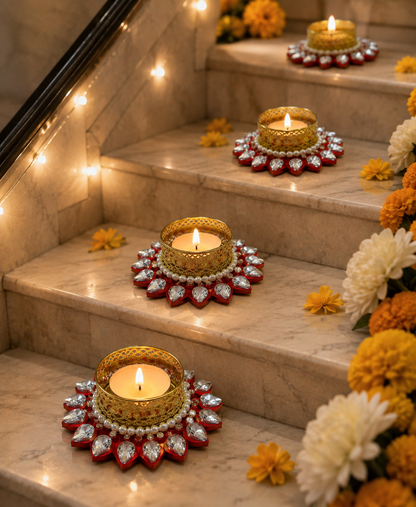 Decorative Crystal Diya Candle Holder for Diwali & Pooja with out candle (pack of 1)