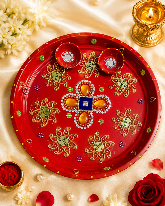 Rangoli Style Puja Thali with 2 Bowls | 11.5 Inch Pooja Plate for Festivals, Weddings & All Occasions
