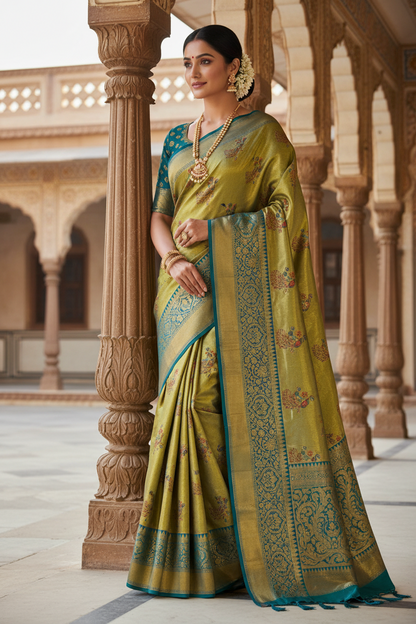 Semi Kanchipuram Tissue Silk Saree with Golden Work & Big Border | Elegant Wedding & Festive Wear Saree