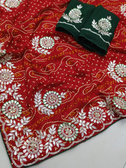 Rajasthani Jamnagri Chunri Saree – Resham, Dabka, Cutdana & Gota Patti Handwork