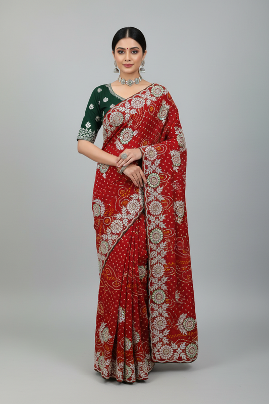 Rajasthani Jamnagri Chunri Saree – Resham, Dabka, Cutdana & Gota Patti Handwork