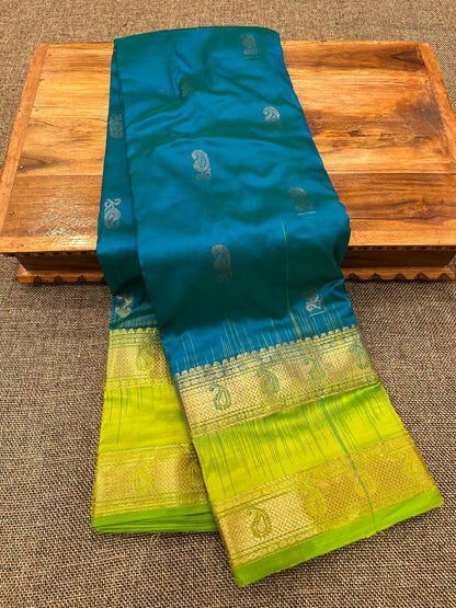 Kanjivaram Pure Silk Paithani Saree – Traditional Zari Border with Shoulder Butti & Contrast Blouse