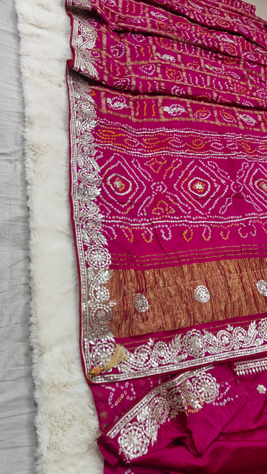 Pure Modal Gajji Silk Bandhej Saree with Heavy Zero Gota Patti Handwork