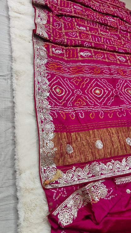 Pure Modal Gajji Silk Bandhej Saree with Heavy Zero Gota Patti Handwork