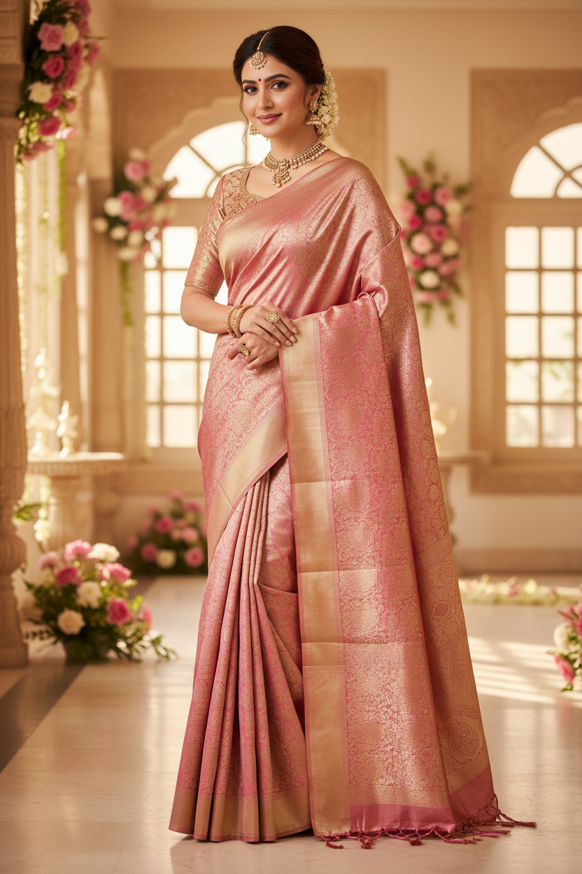 Pure Kanchipuram Silk Saree (Silk Mark Certified) – Gold Zari Woven Bridal Saree with Running Blouse