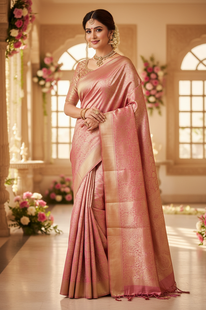 Pure Kanchipuram Silk Saree (Silk Mark Certified) – Gold Zari Woven Bridal Saree with Running Blouse