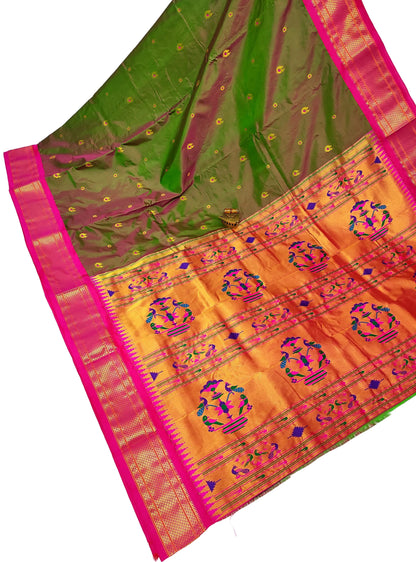Majestic Karnful Peacock Kadiyal Pure Silk Paithani Saree | Luxury Designer Paithani