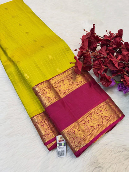 Lemon green Rani pink Gap Border elegant Kanchipuram pure silk saree silk mark certified