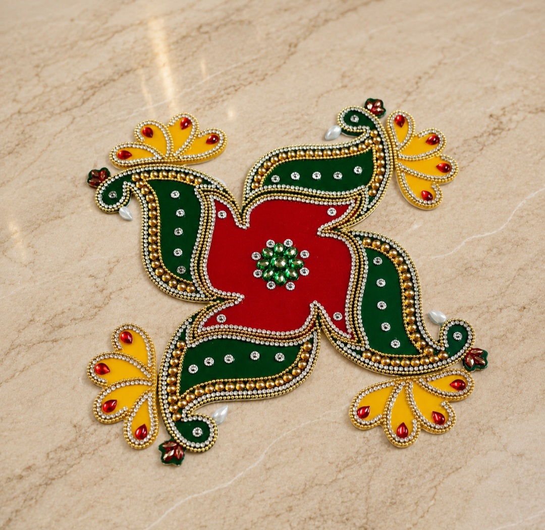 Handcrafted acrylic   with premium creative design kundan work with bright colors beautiful reusable rangoli set size 9.5 inch