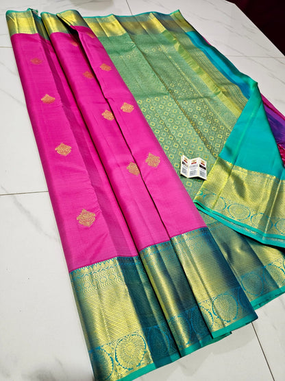 Baby pink Blue Combination Partywear pure silk Kanjivaram Saree silk saree silk mark certified