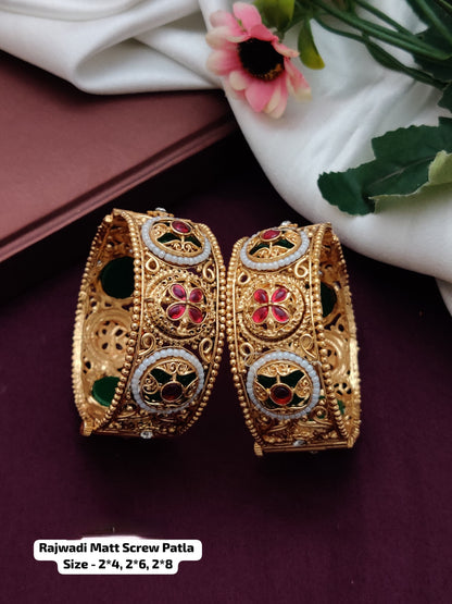 Rajwari Elegant Screw Patla Bangle – Heritage Gold Tone Kada pair