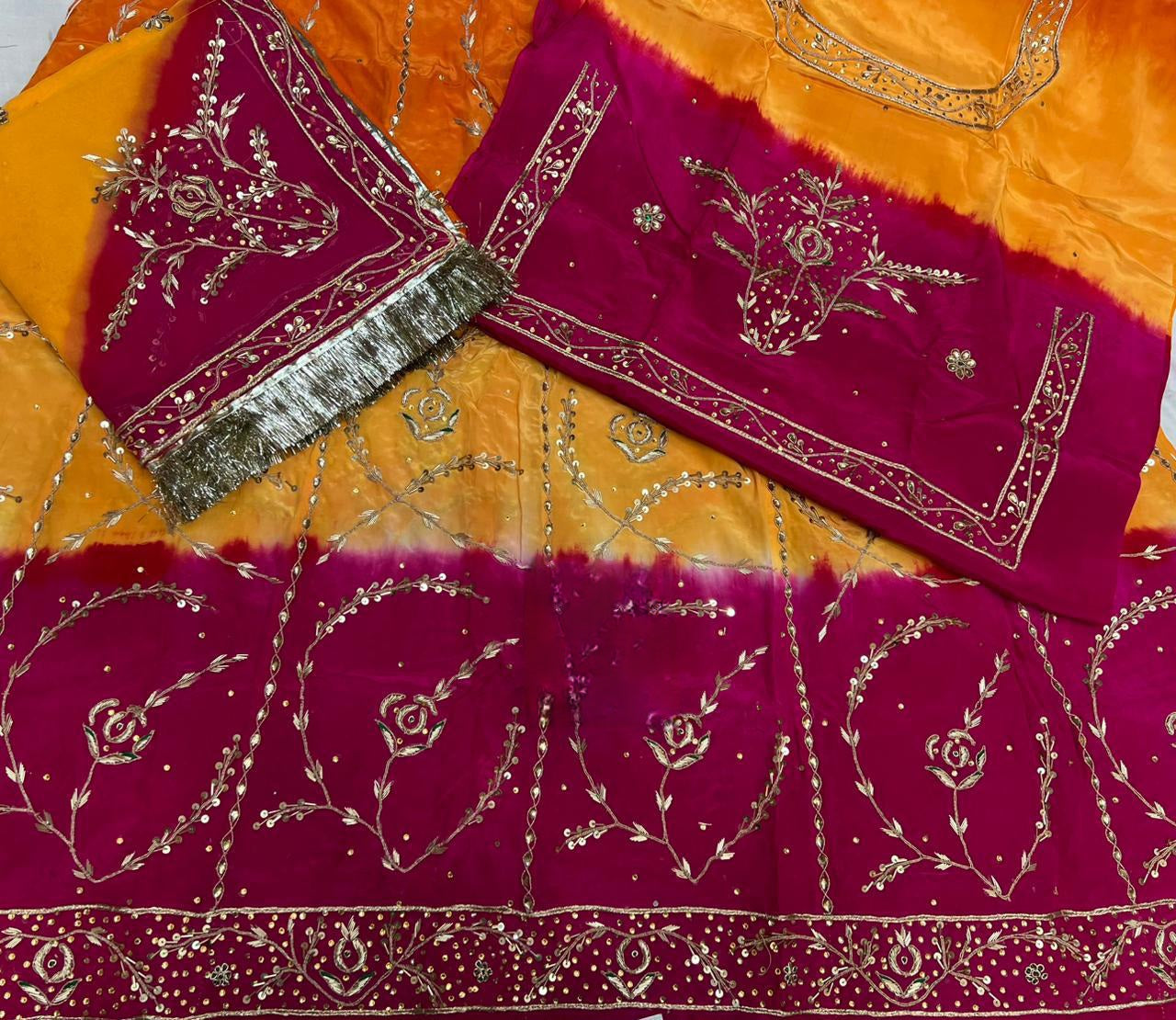 Designer 3-Shade Rajasthani Poshak in Natural Fabric – Zardozi, Dabka & Full Hand Aari Work