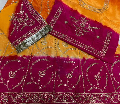 Designer 3-Shade Rajasthani Poshak in Natural Fabric – Zardozi, Dabka & Full Hand Aari Work